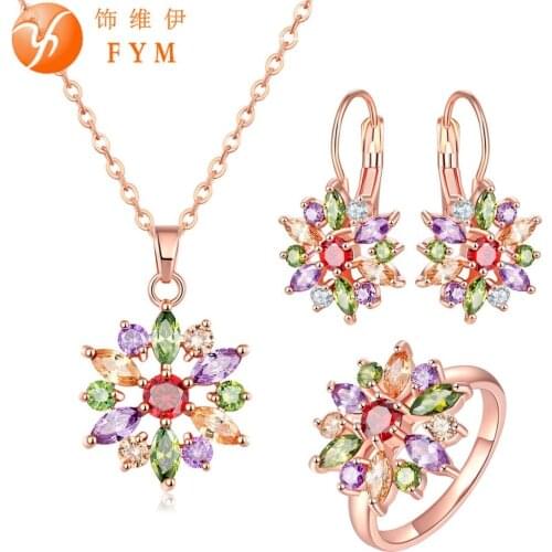 FYM Wedding Rose Gold Color FlowerJewelry Sets Colorful Zircon Crystal Earring/Necklace/Ring CZ Women Jewelry Sets