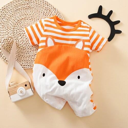 Toddler Baby Boy Girl Romper Stripe Short Sleeve Clothes Fox Print Striped Orange Jumpsuits Cartoon Animal Home Wear Playsuit