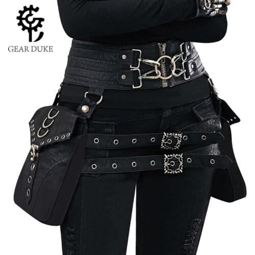 Cool SteamPunk Leather Waist Bag Retro Brown Crossbody Bag Rock Men Women Gothic Black Fanny Packs Fashion Motorcycle Leg Bags