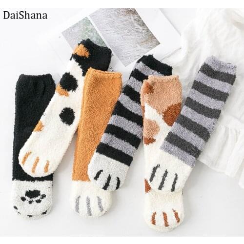 1 Pair Harajuku Fashion Funny Socks Autumn Winter Socks Cat Claws Cute Thick Warm Sleeping Floor Socks Plush Coral Fleece Socks