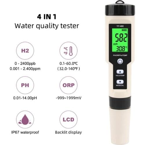 Newest YY-400 4 in 1 PH/ORP/H2&TEM Meter Digital Dydrogen Ion Concentration Tester for Aquarium, Swimming Pool, Drinking Water