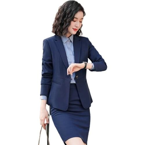 Formal Navy Blue Blazer for Women Skirt Suits Office Ladies Work Wear Long Sleeve Jacket Sets OL Styles
