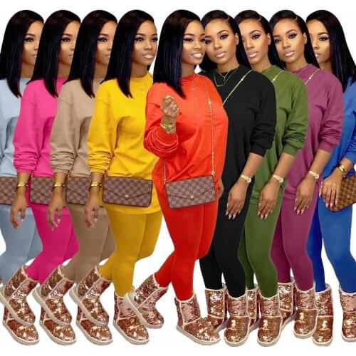 2020 fall clothing solid color 2 piece pant women outfit set