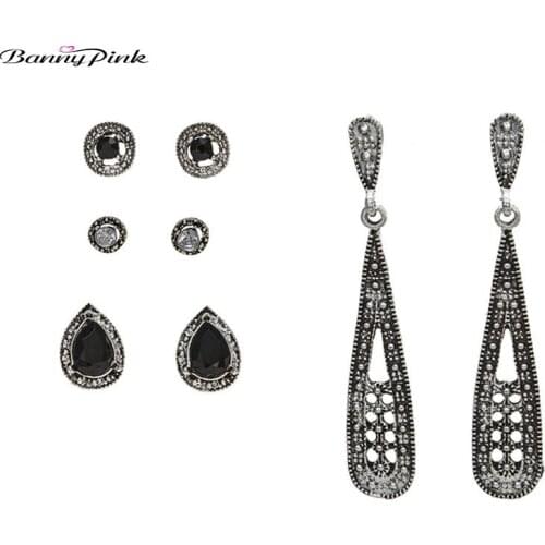 Banny Pink Vintage Rhinestone Round Waterdrop Geometric Studs Earrings For Women Brief 4 Pairs/Set Metal Post Earrings Pendiente