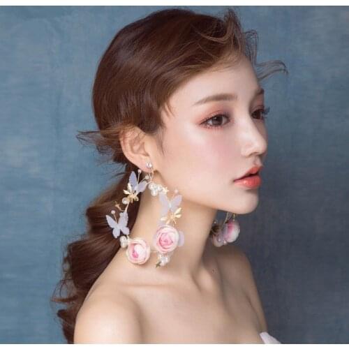 Flower Circle Drop Earrings Clip Women Sweet Pink Red Big Hoop Earrings Korean Fairy Dangle Earrings Wedding Jewelry Accessories