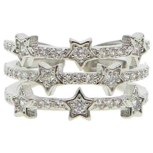 High quality open adjusted cz star ring silver color 3 rows geometric cubic zirconia fashion women party finger rings jewelry