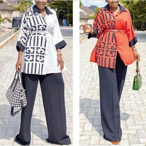 Women Outfits Plus Size African Clothing 2 Piece Sets Button Tops and Long Pants Office Lady Suits 2021 New Arrivals