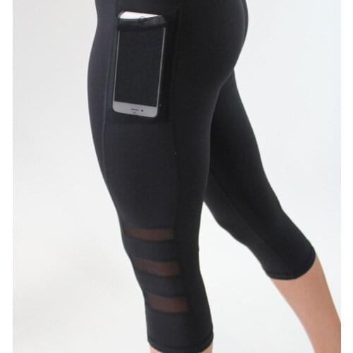 Women Legging Patchwork Mesh Black Leggings Sexy Fitness Sporting Pants with Pocket Mid-Calf Trousers
