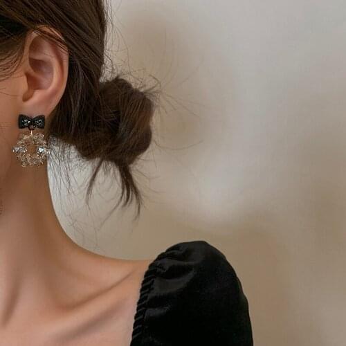 Black bow crystal stud earrings women simple earrings 2021 new fashion earrings S925 silver needles