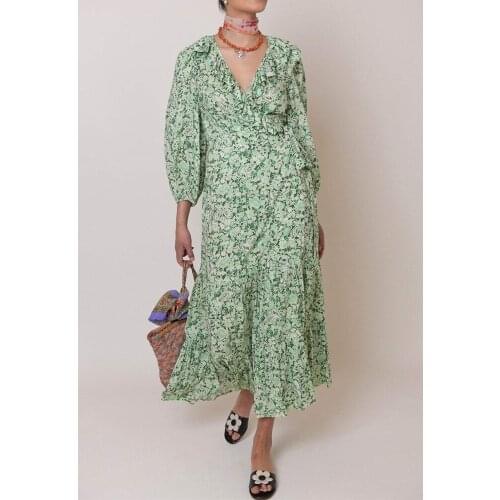 Ruffles V-Neck Women Floral Midi Dress 2021 Early Autumn Puff Sleeve Waist Slim Ladies Lace-up Fashion Long Robe