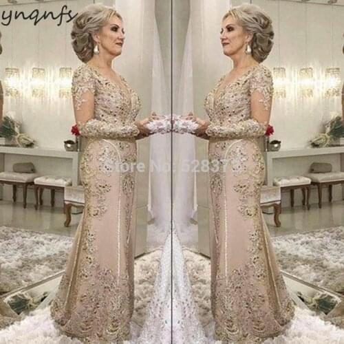 Lace Appliques Long Sleeves Mermaid Vestidos Formal Dress Women Elegant 2020 Mother of the Bride Dresses Champagne plus size