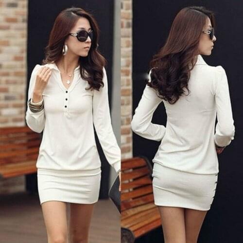 New Spring Summer Dress Women Causal V-Neck Long Sleeve Evening Party Mini Bag Hip Work Dresses