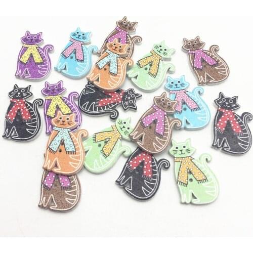 50pcs 18x31mm 2 Holes Wood Cats With Bows Buttons DIY Sewing Accessories For Scrapbooking Cartoon Novelty Button