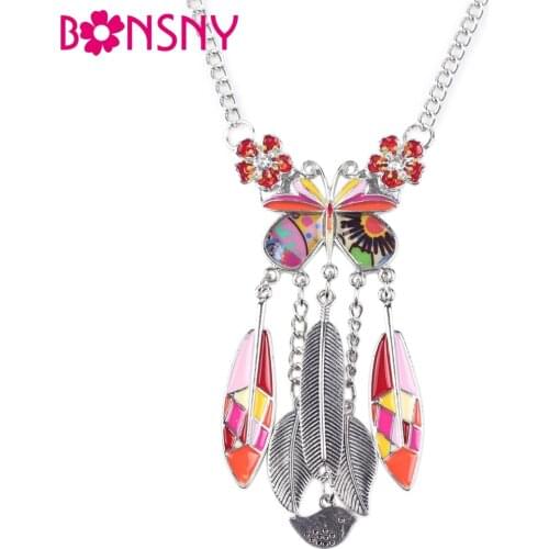 Bonsny Statement Metal Enamel Butterfly Necklace Alloy Chain Leaf Pendant 2016 New Jewelry For Women Charm Collares Accessories