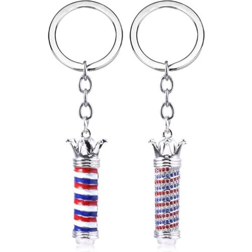 Barber Shop Turn Light Keychain Fashion Red And Blue Crystal Turn Light Keyring Barber Car Purse Jewelry Accessories Gift
