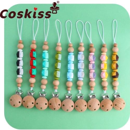 Coskiss Silicone Beads Hexagon Beech Wooden Beads Baby Teether Pacifier Clips Wood Crafts Toys Gift Pacifier Holder Chain