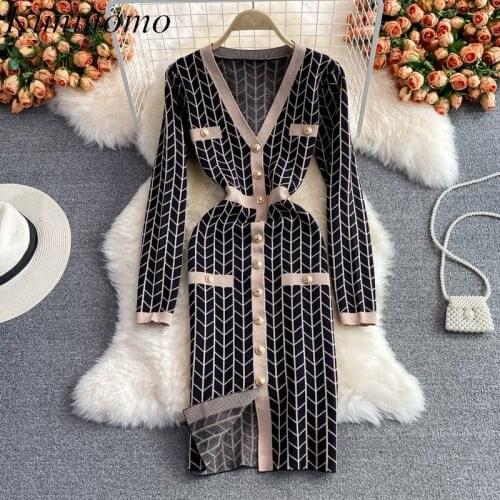 Kimutomo Elegant Retro Knit Dress Women 2021 Autumn Korea Fashion Female V-neck Long Sleeve Slim Single Breasted Split Vestido