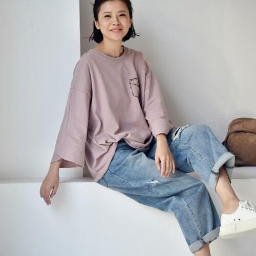 MICOCO T5990C Literature and art Made old feeling casual ruffled cut hand nailed lotus leaf sleeve round collar T-shirt
