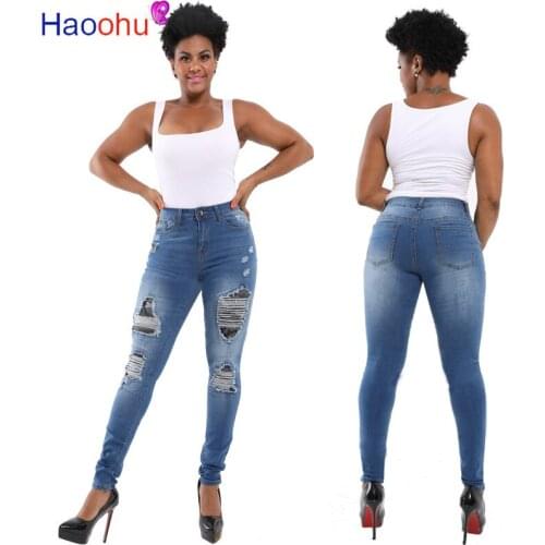 HAOOHU Skinny Ripped Jeans For Women With Pockets Streetwear High Waist Jean Trousers Wash Distressed Blue Denim Pants