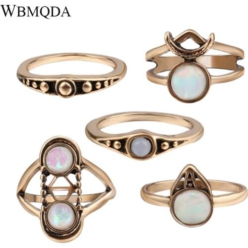 5 Pcs/lot Fashion Sun And Moon Midi Rings Vintage Tibetan Jewelry Silver Color Stone Knuckle Ring Set Gifts For Women