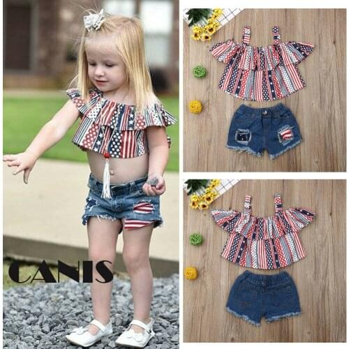 2Pcs Summer Toddler Baby Girl Clothes Off Shoulder Ruffle Striped Cropped Tops Denim Shorts Outfits Set