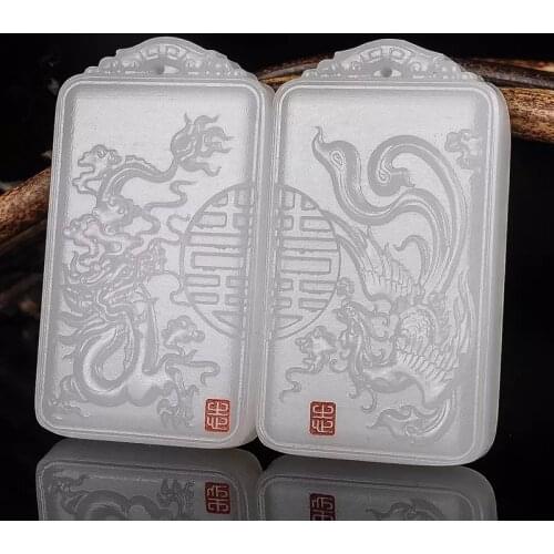 Natural Chinese White Jade Hand Carved Dragon and Phoenix Pendant Fashion Boutique Jewelry Couple Necklace Popular Gift