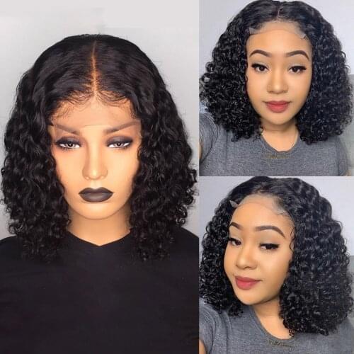 Black Kinky Curly Short Cut Bob Synthetic Lace Front Wigs Glueless Preplucked Heat Resistant Fiber Wig For Women Middle Part