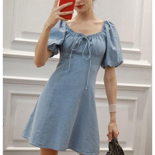 Girls dress 2021 summer new fashion bubble short-sleeved denim dress skirt mini skirt gothic dress mini dress birthday dress