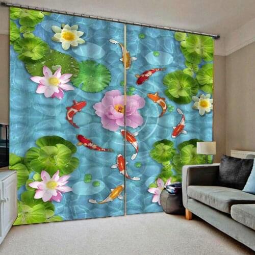 Luxury Blackout 3D Window Curtains For Living Room Bedroom blue water louts fish curtains soundproof windproof curtains