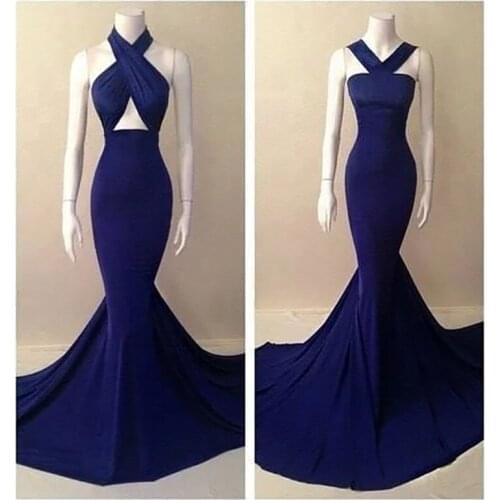 Sexy Women Long Satin Bridesmaid Dress Halter Criss Cross Court Train Evening Party Prom Dresses Sleeveless Wedding Guest Gowns