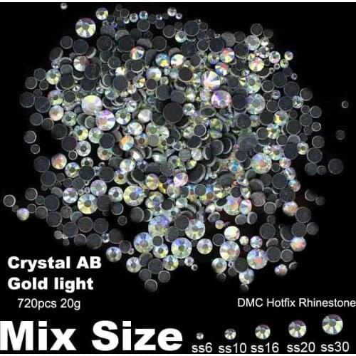 Hotfix Sticker Gold Light Crystal AB Mixed Sizes SS6 SS10 SS16 SS20 SS30 720pcs Rhinestones For 3D Nails Art Backpack Decoration