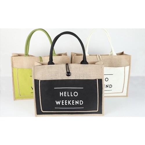 Hello Weekend Jute Cotton Handbag 3 Color European Style Female Big Size Beach Bag for Girls Fashion Printing Shoulder Bags