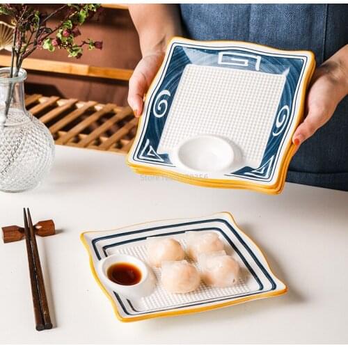 Creative Japanese Style Multi-water Dumpling Plate with Vinegar Dish High-quality Ceramic Square Dumplings Divided Dipping Plate