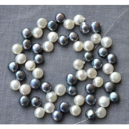 Unique Pearls jewellery Store Button Top Drilled Potato White Black Freshwater Pearl Loose Beads 7-8mm One Full Strand YLS1-0020