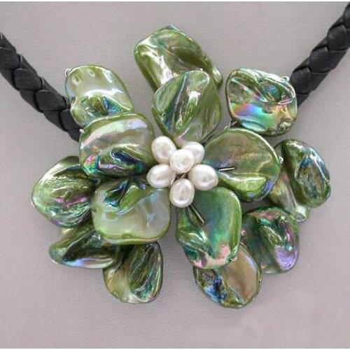 Unique Pearls jewellery Store 18'' Green Shell Basketry Flower Natural Pearl Leather Necklace Charming Women Jewelry Gift