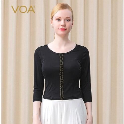VOA Silk Heavy Double-sided Knit Classic Hepburn Black Long Sleeve Open Wire Stereo Wood Ear Stitching Round Neck T-shirt BE501