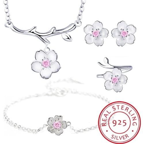 925 Sterling Silver Jewelry Sets Romantic Cherry Blossoms Flower Necklace+Earrings+Ring+Bracelet For Women Gift