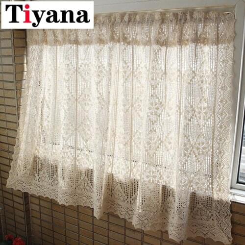 Rustic Cotton Linen Crochet Kitchen Half Curtain For Door Desk Cover Bay Window Retro Lace Hollow Small Curtain Drapes JK323X