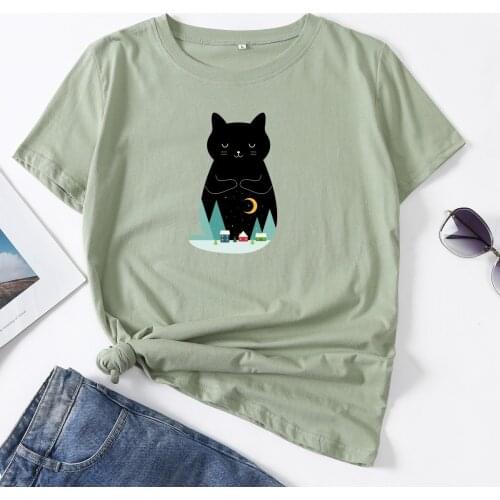 Cute Black Cat Cats Moon Pet Graphic Tee Woman T-Shirt Short Sleeve T-Shirts Summer Tops for Women Cotton Female Shirt Clothes