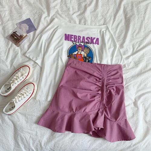 Korean Version of Ins Printing Loose Short-sleeved T-shirt + Fishtail Bag Hip Skirt Suit Womens Two-piece Suit