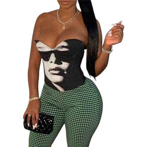 Xingqing Womens Printing Dyeing Bra Tops Tshirt Off Shoulder Corset Female Human Face Printed Sleeveless Clothing Streetwear