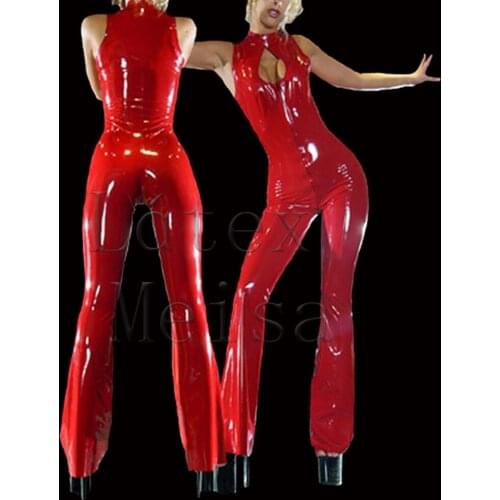 Womens high neck latex catsuit Fetish with low-cut design and attached front zip in red color