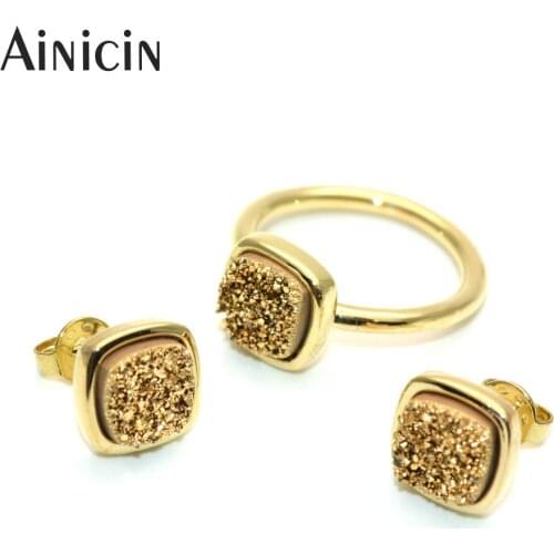 1 Set Natural Druzy Crystal Gold Plating Adjusted Ring Fashion Jewelry For Women