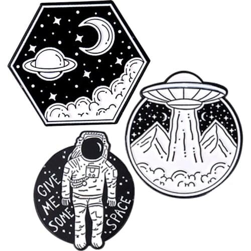 Outer Space Landscape Hard Enamel Pins Collect Black and White Painting Metal Cartoon Brooch Backpack Collar Lapel Badges