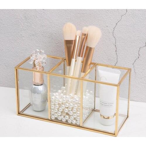 3-compartment Container Transparent Makeup Brush Storage Box Organizer Geometric Glass Makeup Brush Box Holder Storage Container