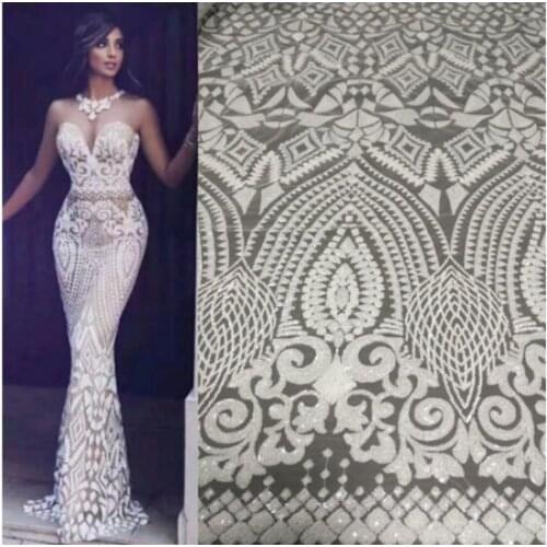 White Design Sequined Embroidered Mesh Lace Fabric For Women Party Dress African Sequins Net Laces Material BZL-12.2217