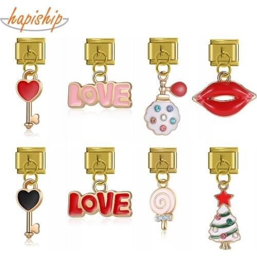 Hapiship Bracelet Charms Gold 9mm Love Kiss Hearts Daisy Birthday Gift for Girls Daughter Italian Stainless Steel Jewelry DJ326