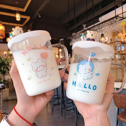 Huopo Cute Bear Cup with Straw Cartoon Print Breakfast Transparent Glass Lovely Home Dormitory Heart Heat-resistant Milk Cup