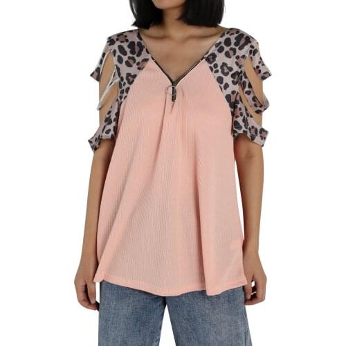 Women Low-cut T-shirt, Adults Off Shoulder Hollow Out Leopard Print V-neck Short Sleeve Pullover