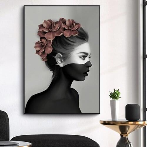 Nordic Style Black and White Beauty Flower Girl Canvas Painting Scandinavian Posters and Prints Wall Art Picture for Living Room